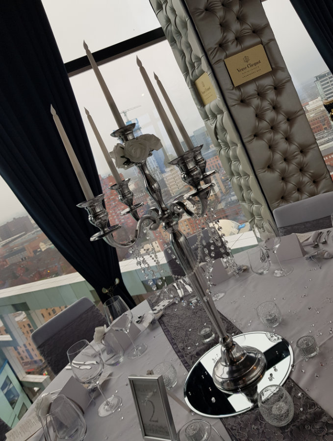 candelabra centrepiece with string pearls and crystals