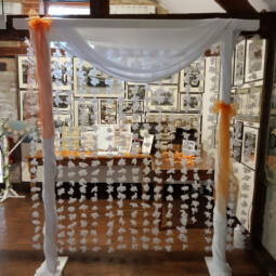arch backdrop with drapes and bow decor