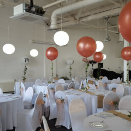 wedding room at The Bond Co Birmingham with giant rose pink balloon centerpieces